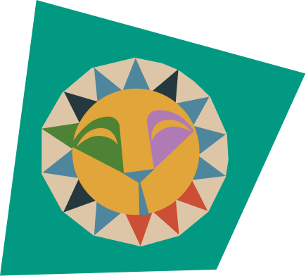 En färgglad symbol av en leende lejonhuvud med en sol som bakgrund.