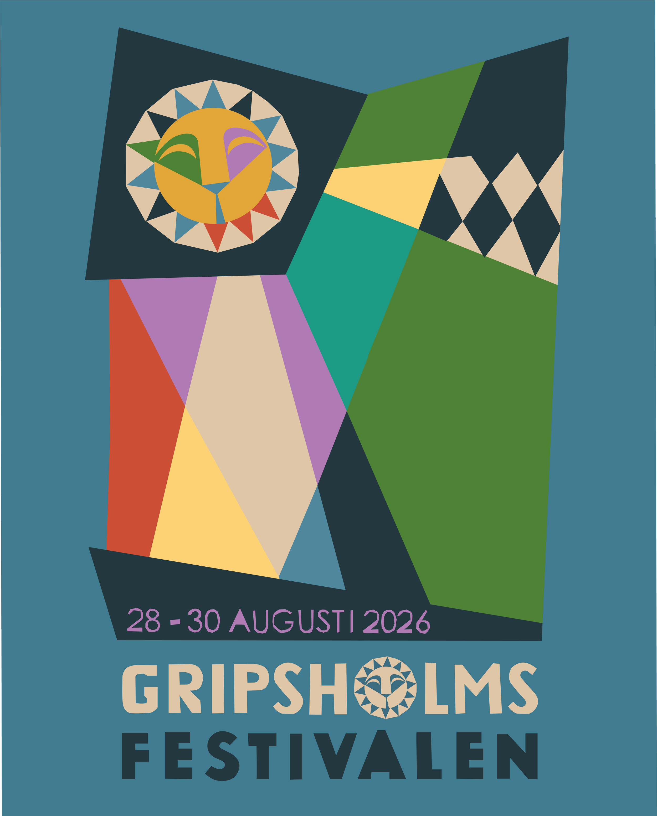 Posters för Gripsholmsfestivalen 2026 med ett abstrakt, färgglatt designmotiv och ett lejonhuvud i geometrisk stil i mitten. Tove Hennix