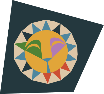 En färgglad, abstrakt illustration av ett leende ansikte med en solfjädersliknande bakgrund.