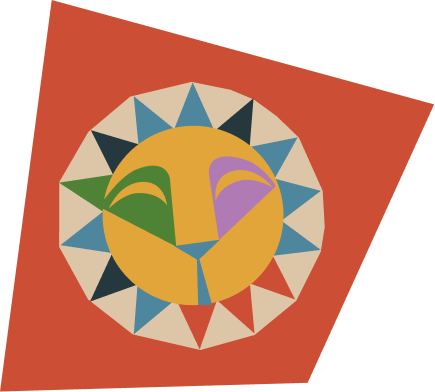 Färgglad abstrakt illustration av ett leende ansikte med ett solmotiv bakgrund.