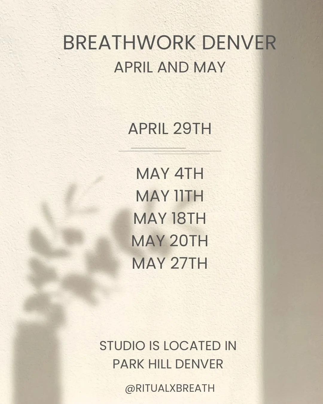 Breathwork schedule in Denver for the rest of April and May ✨

Your breath heals you, it revitalizes you, it restores you, it is with you every second of everyday. It loves you and holds you. Come hangout with it. 

Register for your next session her