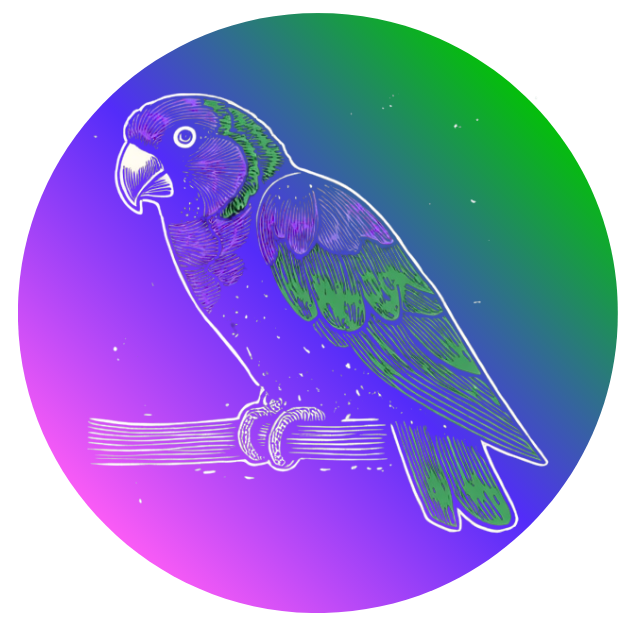 Digital illustration of a parrot sitting on a branch with a colorful gradient background.