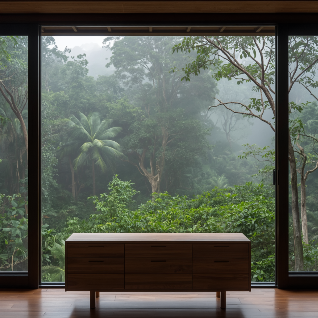 A modern interior with a wooden cabinet in front of a large glass window overlooking a lush, foggy forest with tall trees and greenery.
