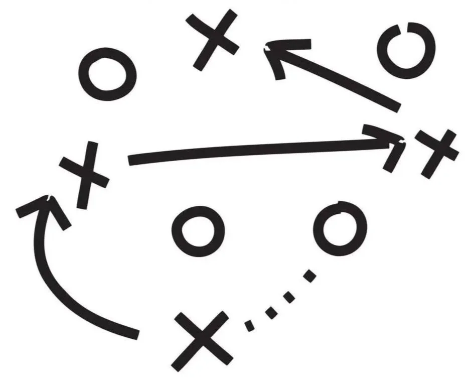 Black and white diagram of a football play with X's and O's, arrows indicating movement.