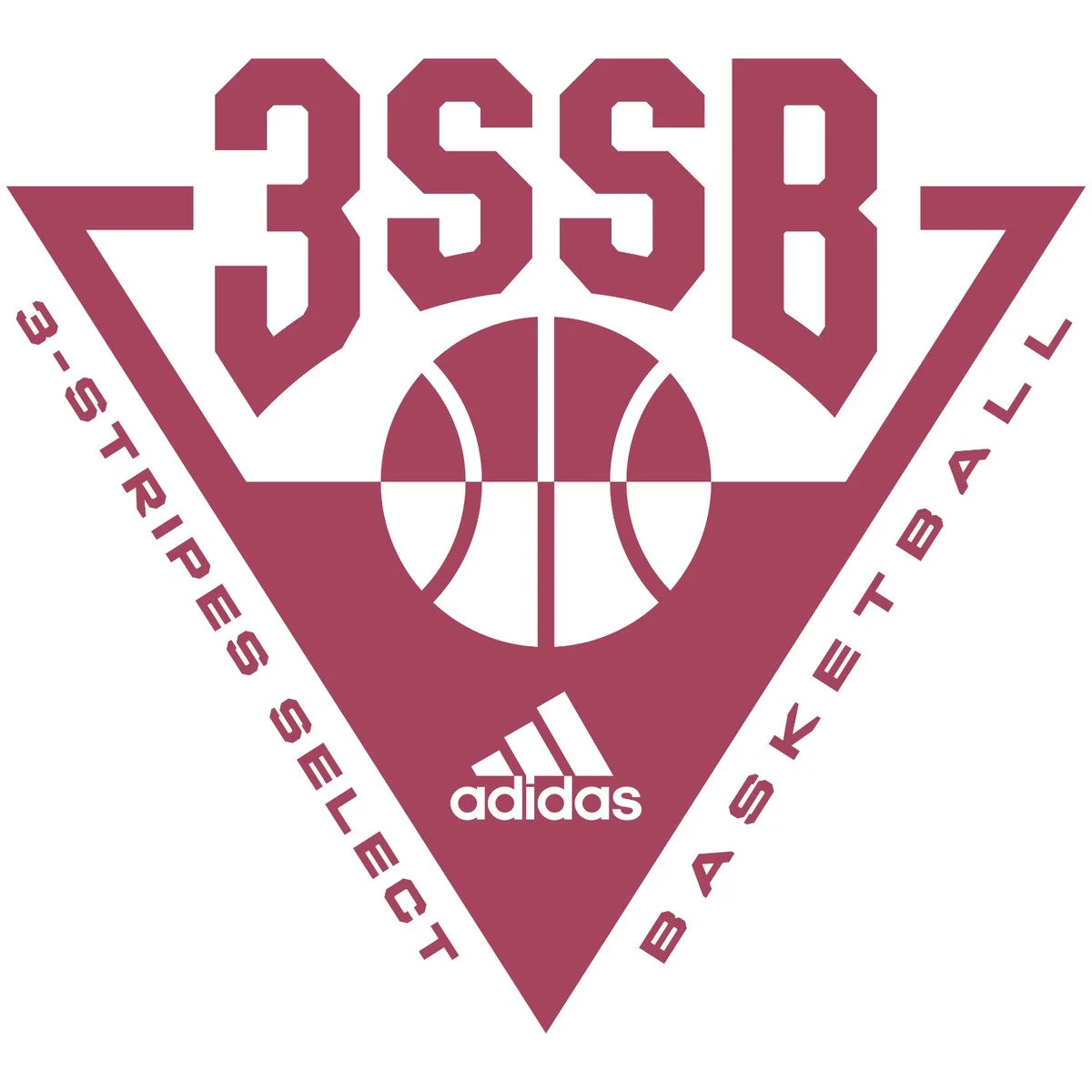 Basketball logo with a maroon triangle background, featuring the text '3SSZR' at the top, a basketball in the center, 'adidas' below the basketball, and the words 'BASKETBALL' and '3 STRIPES SELLECT' along the sides.