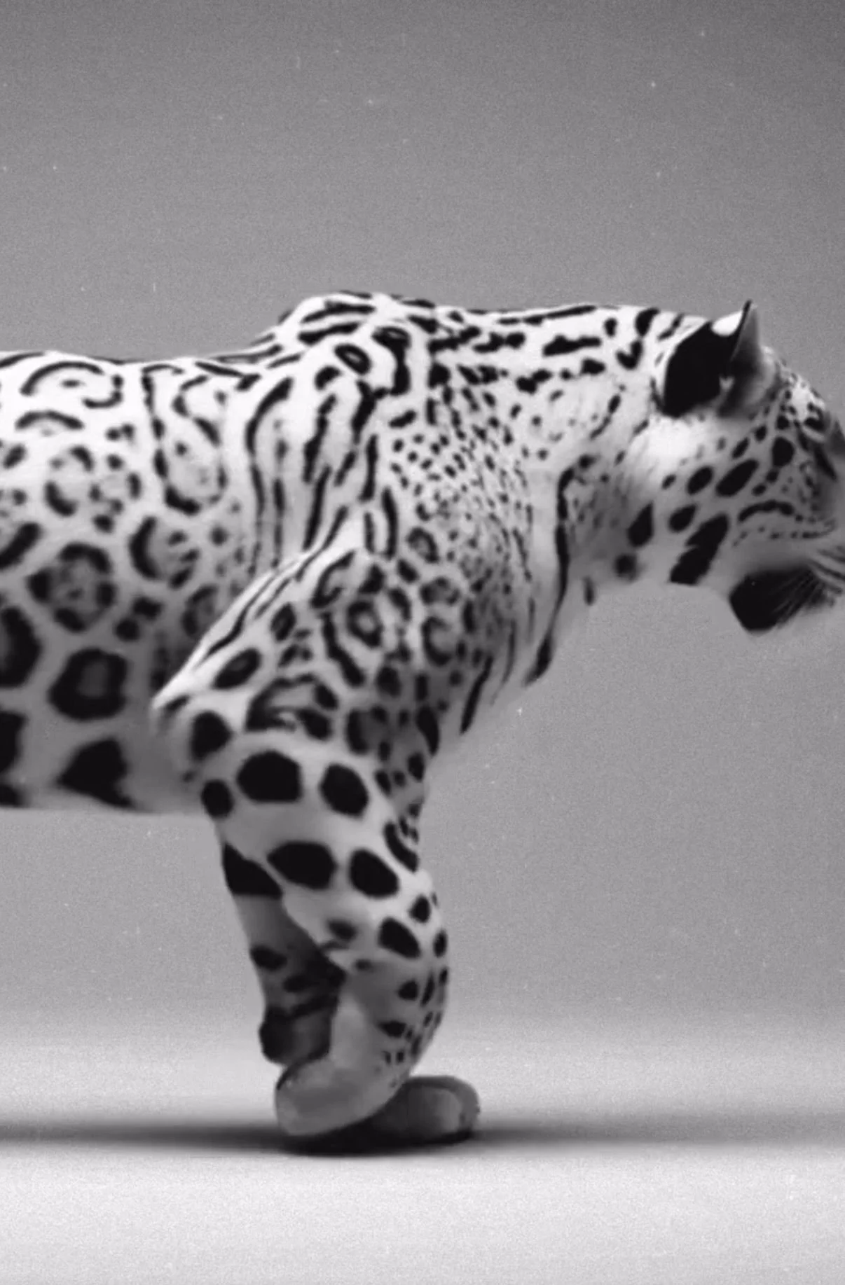 Black and white photograph of a jaguar walking on a flat surface. The background is plain and the image is in grayscale.