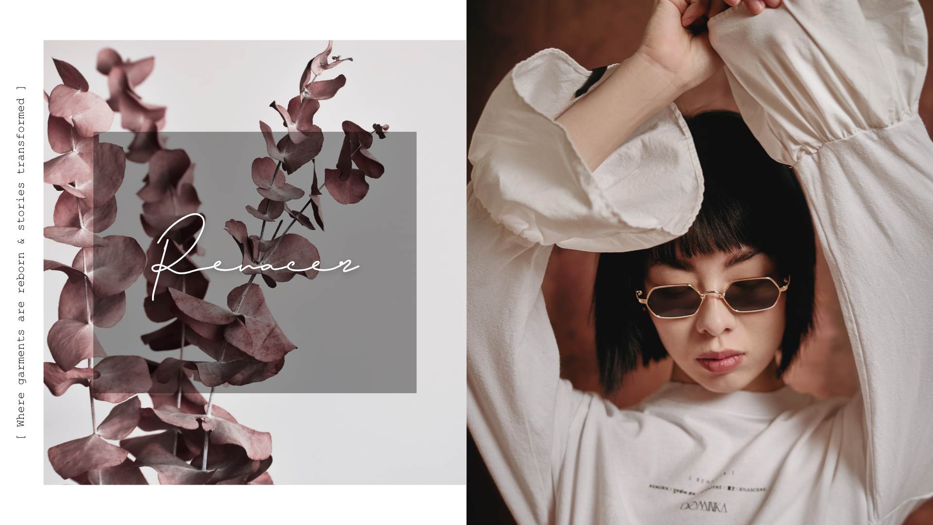 A woman with black hair and sunglasses, wearing a white long-sleeve shirt, is shown touching her hair over her head. Adjacent to her is a graphic of dried pinkish-brown eucalyptus leaves with the word 'Revenge' written across it. There is vertical text along the left side of the image that reads, 'Where garments are reborn & stories transformed.'
