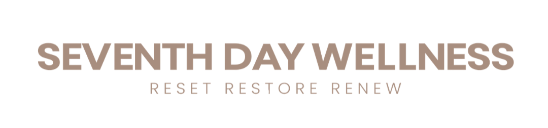 Seventh Day Wellness logo with slogan 'Reset Restore Renew' in gray and black text on black background.