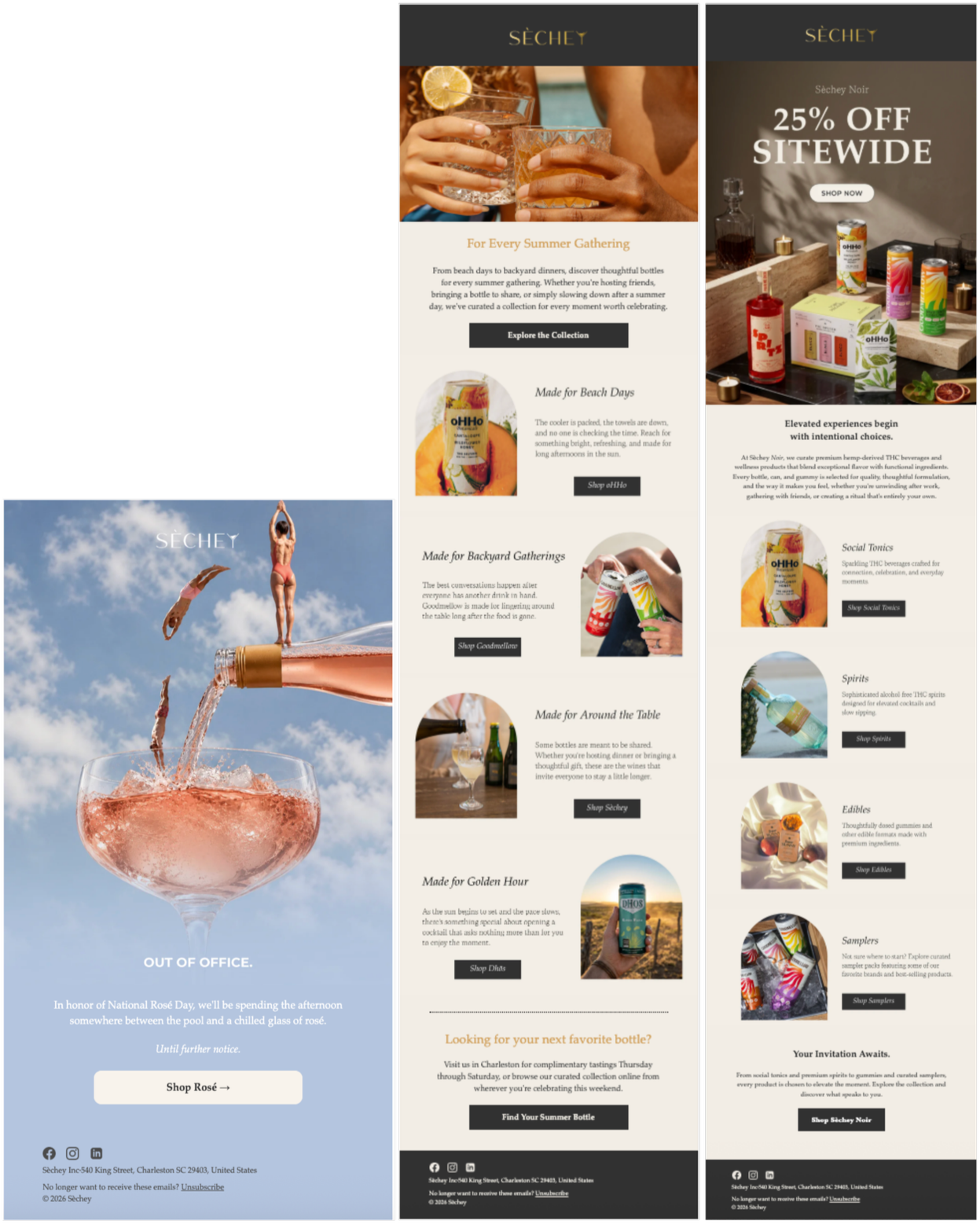 Promotional digital marketing mockups for Séchey featuring beverage products and summer lifestyle imagery, including a person toasting with drinks, bottles on a wooden surface, and colorful cans, with text advertising discounts and product collections.
