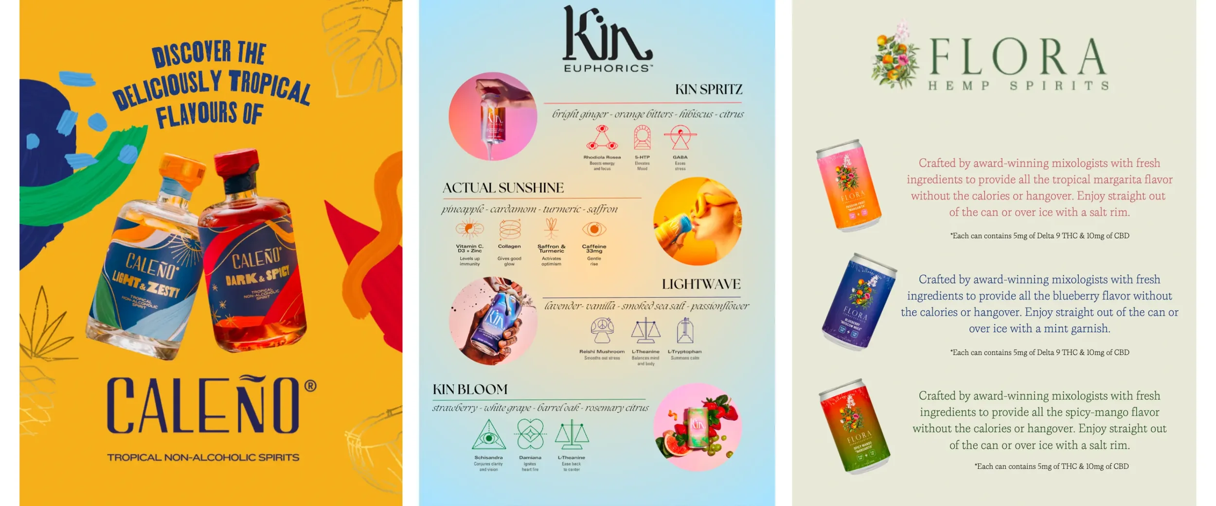 A colorful advertisement for Caleno non-alcoholic spirits featuring three bottles with vibrant labels on a yellow background, with the slogan "Discover the deliciously tropical flavors of Caleno." The right side provides details about different flavors and ingredients of Caleno spirits, including Kin, Actual Sunshine, Lightwave, and Kin Bloom, with descriptions and benefits of each flavor.