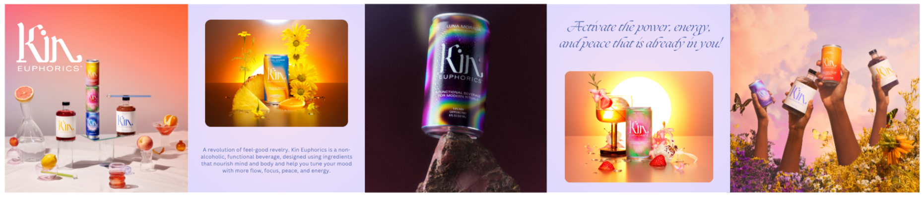 Collection of Kin Euphorics beverage bottles in various colorful and natural settings, with flowers, fruits, and a sunset background, emphasizing mood, energy, and peace.