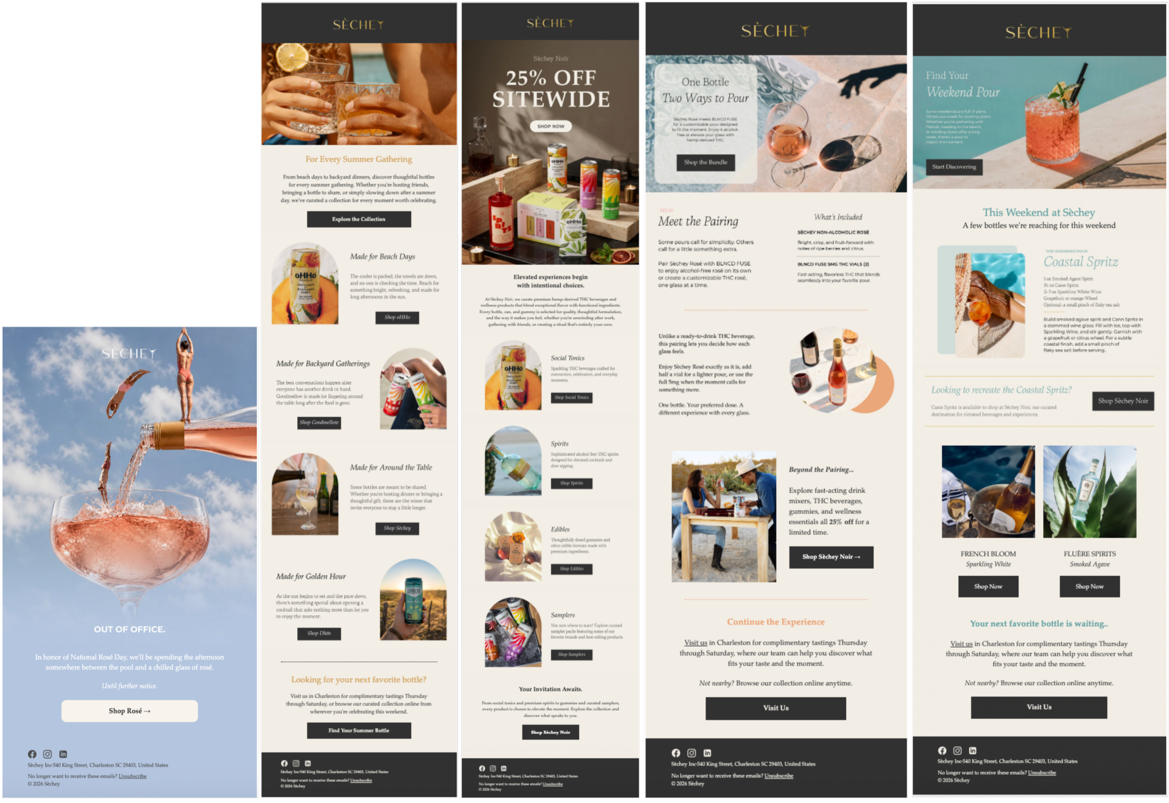 A digital collage of five webpage screenshots from Séché, showcasing various beverages, promotional offers, and product details related to alcohol-free and THC-infused drinks. The first page highlights summer gatherings with images of drinks and people, the second advertises a 25% sitewide discount on Séché products, and the subsequent pages detail different beverage options, pairing ideas, and lifestyle imagery with a focus on cocktails, wine, and wellness drinks.