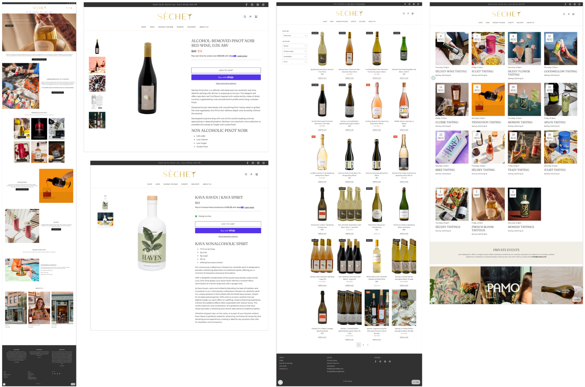 Collage of multiple screenshots of an online wine and spirits store website called 'SECHEY'. Various wine bottles are displayed, with some pages showing wine tasting events, non-alcoholic spirits, and product descriptions. The website has a clean, modern design with white backgrounds, black text, and gold accents.