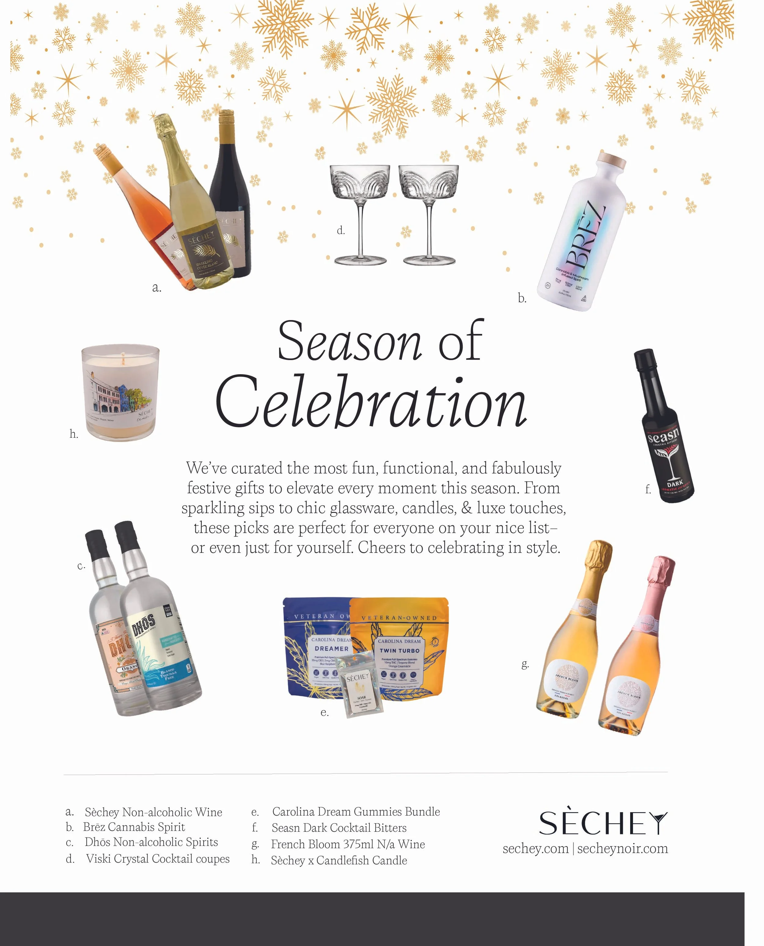 A collection of celebratory products including sparkling wines, non-alcoholic spirits, cocktail mixers, and candles with festive winter-themed decorations like gold snowflakes and stars in the background. Items include several bottles of wine and spirits, cocktail coupe glasses, a candle, and various boxed items, all labeled with brand names and descriptions.