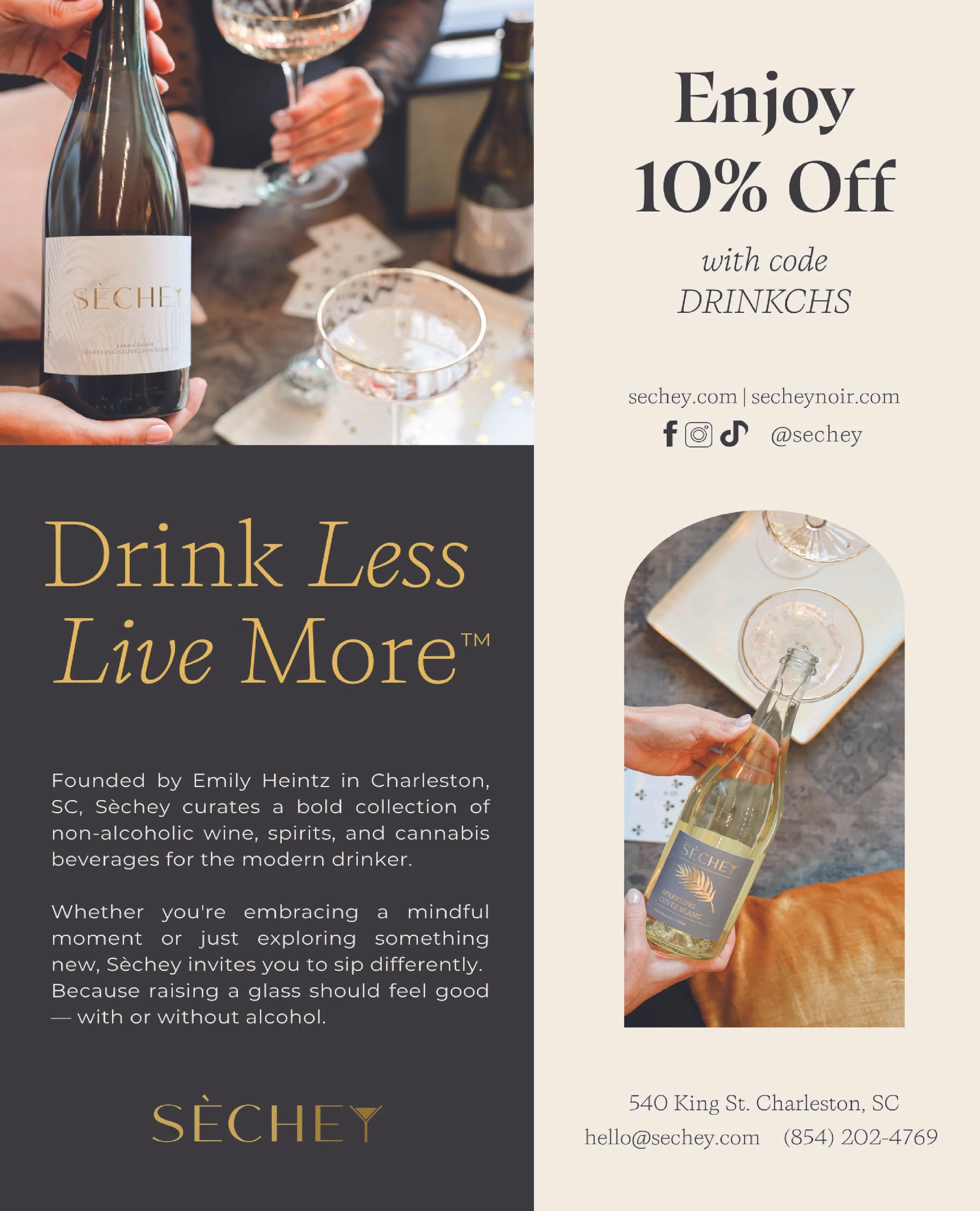 A promotional flyer for Sechey offering 10% off with code DRINKCHS, featuring a person holding a bottle of Sechey sparkling wine and a woman holding a wine glass, with text about the company's history and contact information.