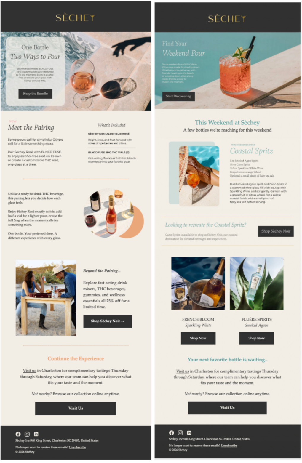 A promotional webpage for Séché, featuring two sections about wine and cocktails. The left side promotes pairing wine with dishes, and the right side highlights weekend cocktails and spirits. Includes images of wine bottles, glasses, cocktails, and a person enjoying drinks outdoors.