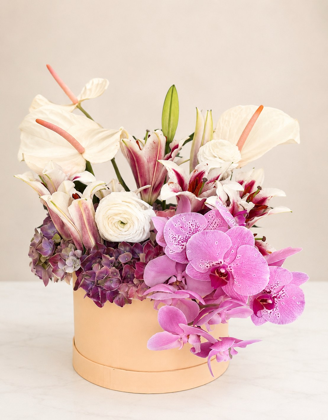 Luxury orchid and hydrangea floral arrangement designed by Stem & Vine Studio in Moorestown NJ.