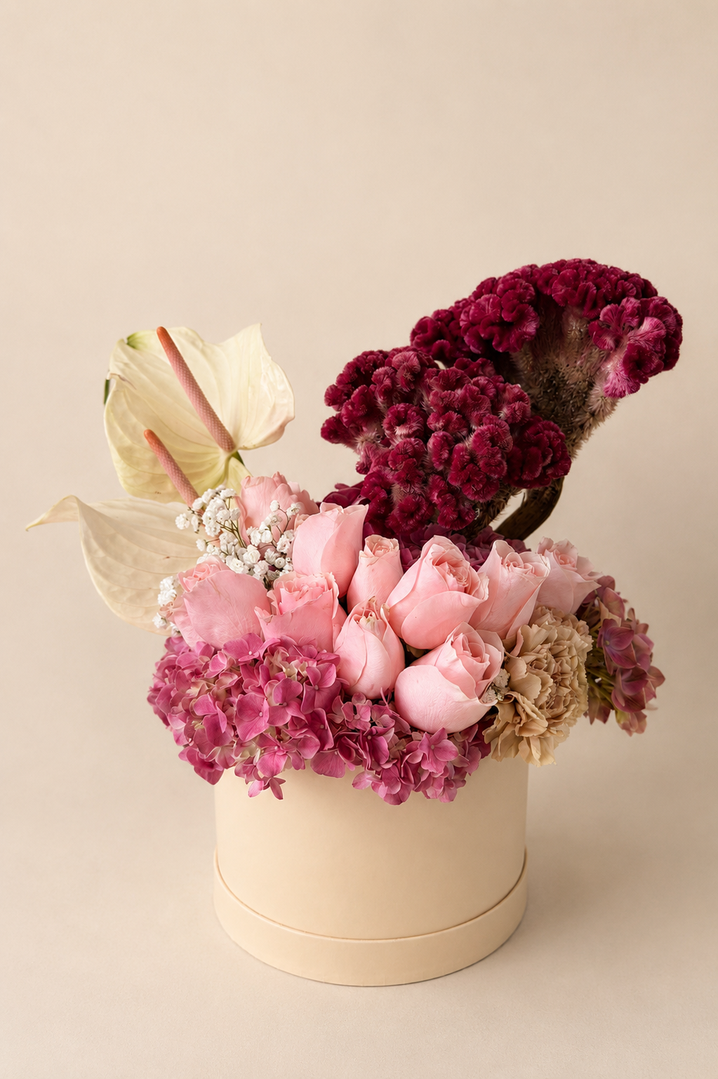 Modern luxury floral arrangement with hydrangeas, roses, and sculptural florals designed in Moorestown NJ.
