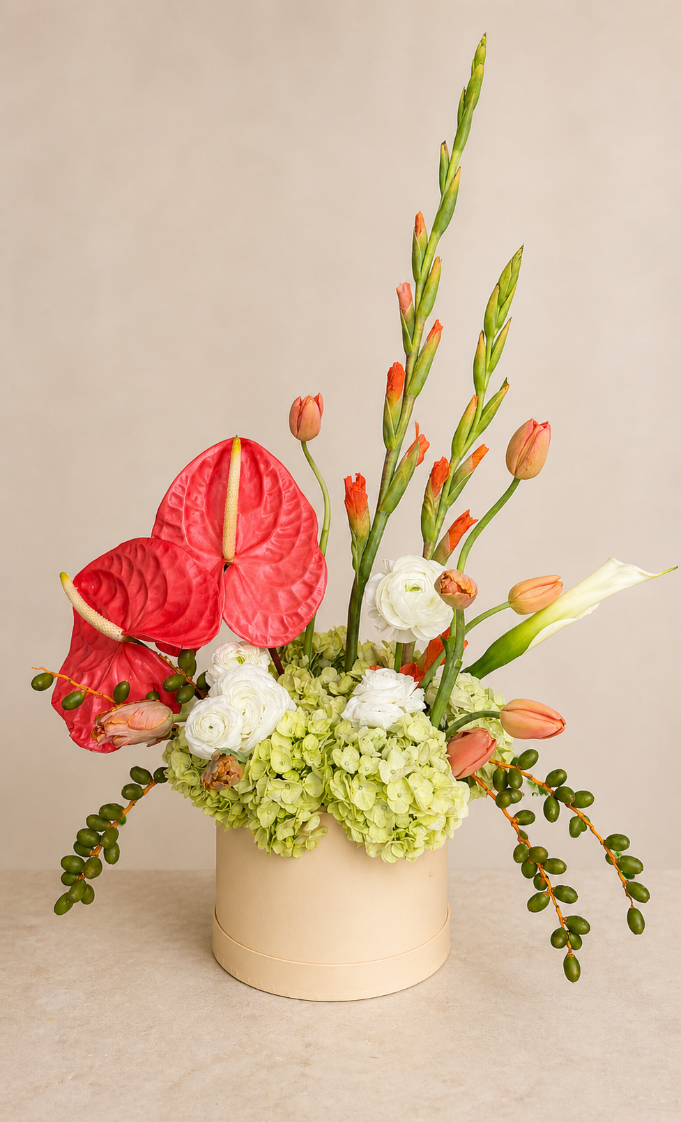 Contemporary floral design with anthuriums, lilies, tulips, and hydrangeas styled for elevated interiors and sophisticated events.