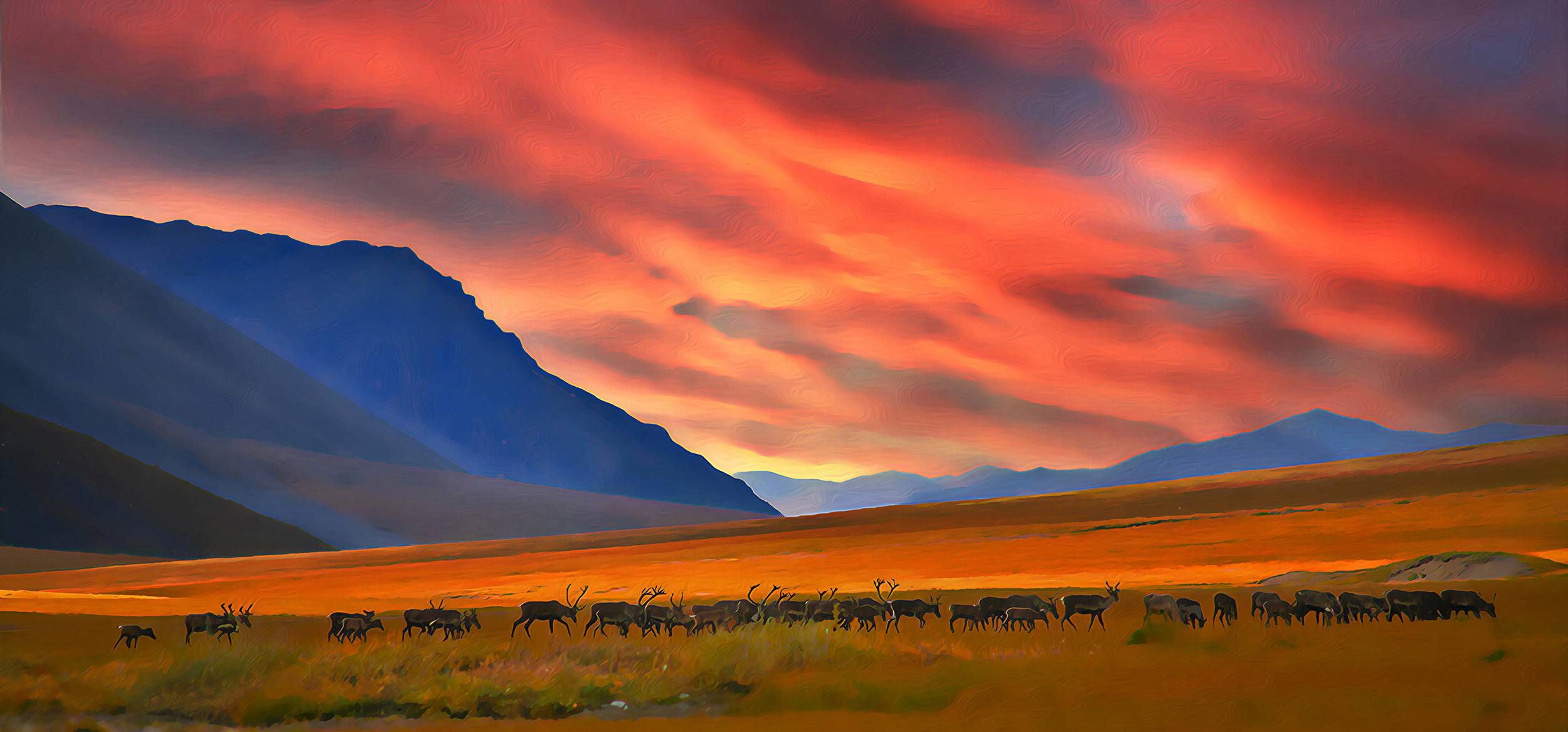 Photograph near sunset changed to an art piece using Photoshop oil paint tool. Brooks Range, Alaska U.S.