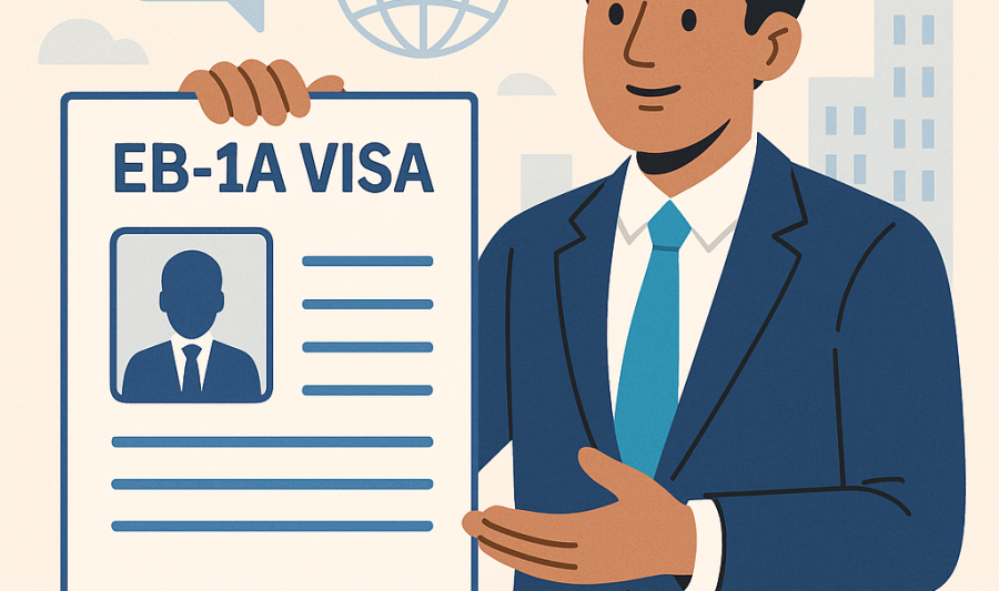 An illustration of a man holding a document that reads "EB-1A Visa"