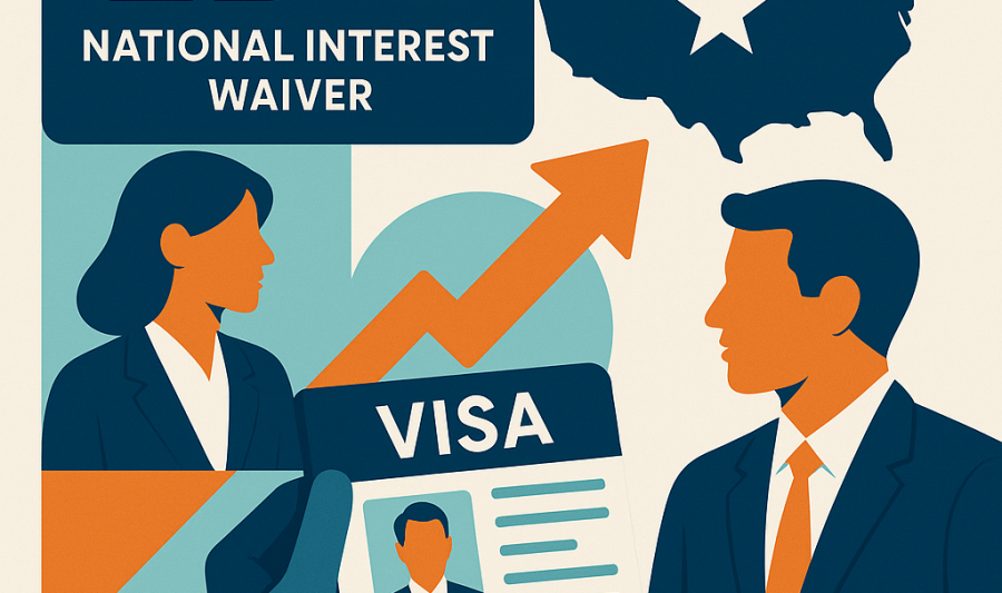 An illustration of a woman and a ma and a visa document with an arrow pointing towards the united states and text that reads "national interest waiver"