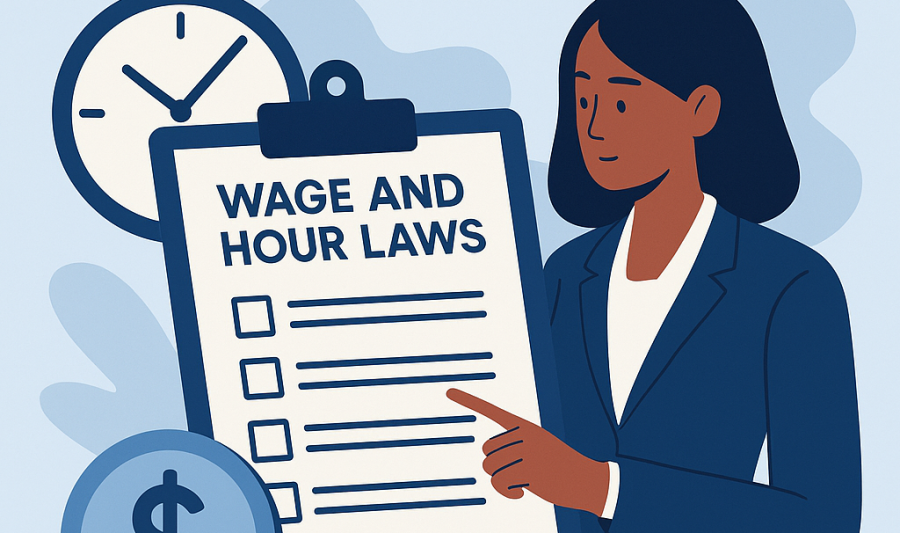 An illustration of a woman pointing to a clipboard that says "wage and hour laws"