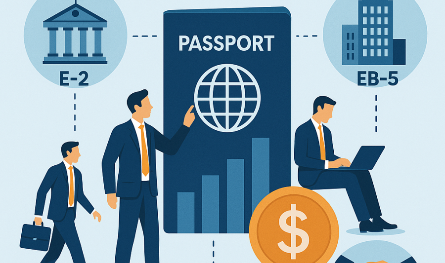 An illistration of a man pointing to a passport and another man on a laptop.