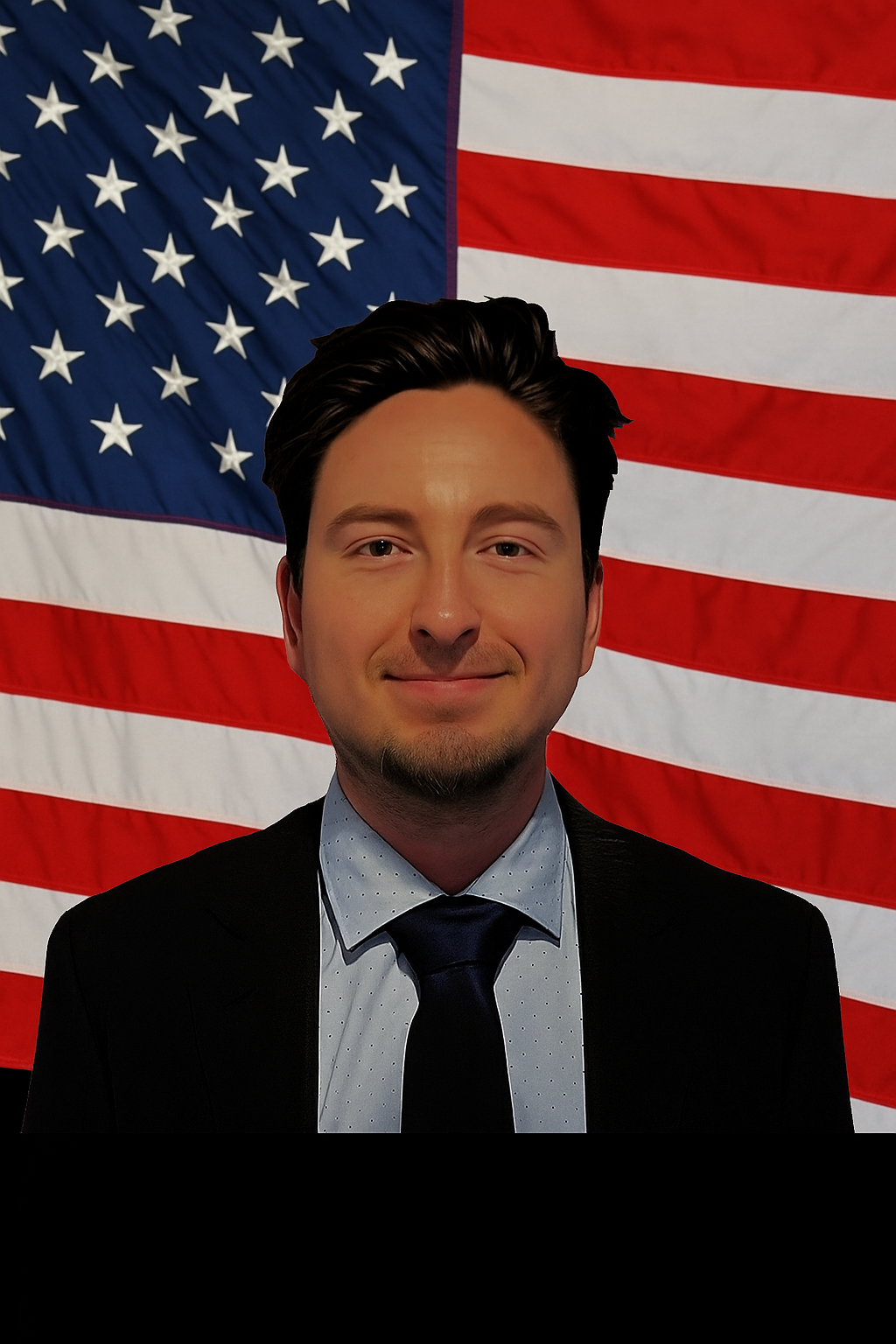 A photograph of Attorney Igor Harris in front of an American Flag