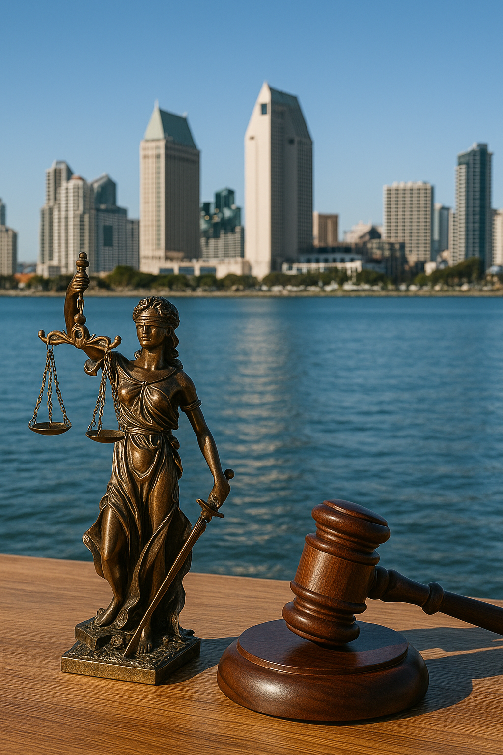 Lady justice and a gavel in front of a harbor and city skyline.