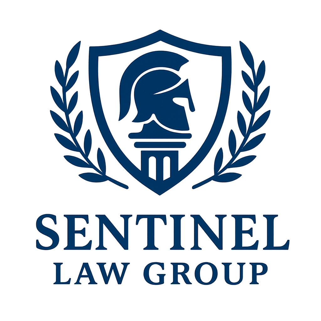 A logo of a roman helmet in a shield with olive branches on either side with text that reads "sentinel law group"