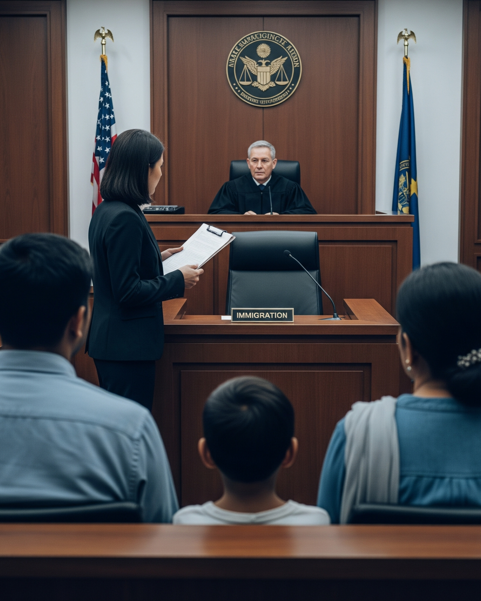 an image of an immigration court room with an attorney holding a clipboard, a judge, and a family with a child.