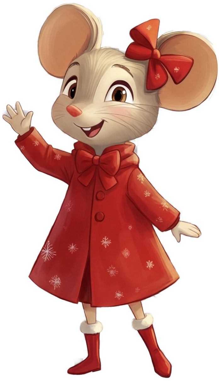 A cheerful animated Sarafina mouse girl with large ears and brown eyes, wearing a red winter coat with snowflakes, red boots, and a large red bow on her head, waving and smiling.