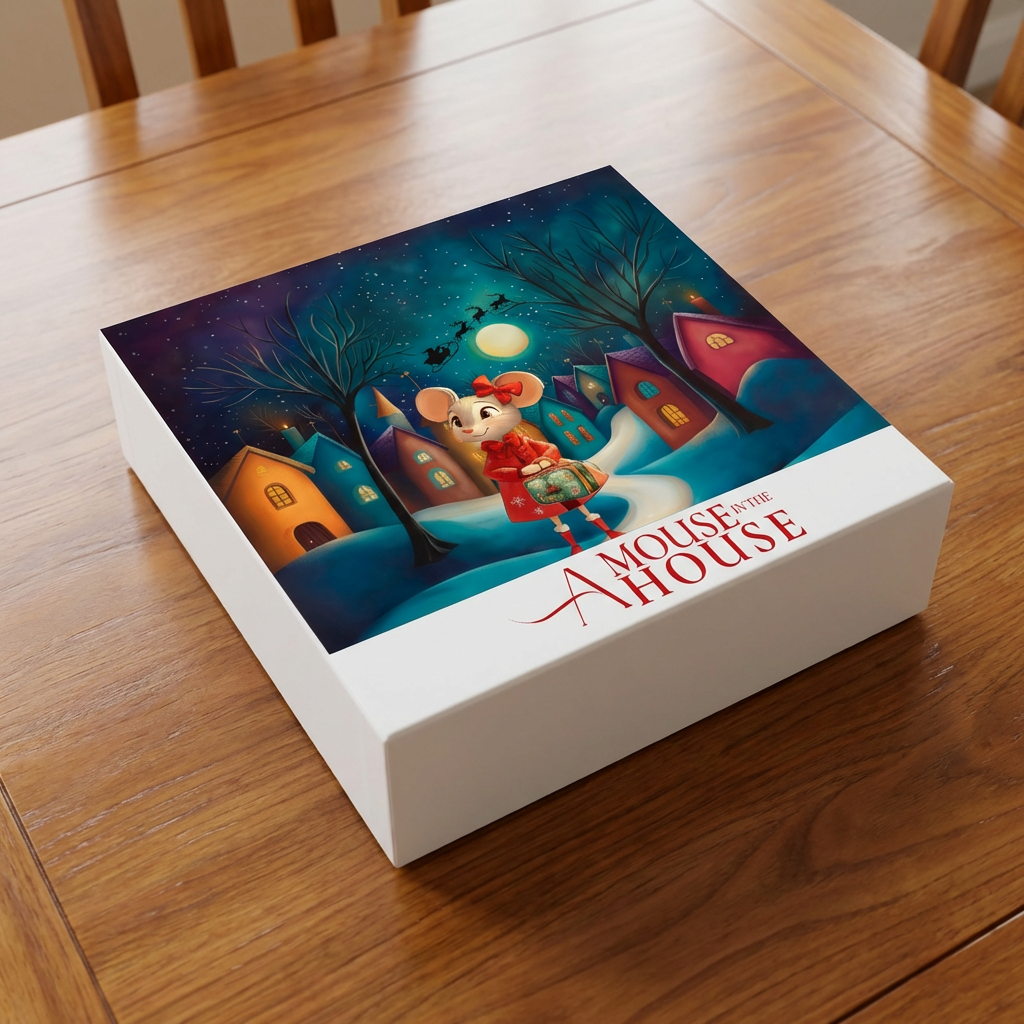 A game box titled "A Mouse in the House" resting on a wooden table. The cover features a cartoon mouse dressed in red, holding a basket, with a night village scene and flying witch silhouette in the background.