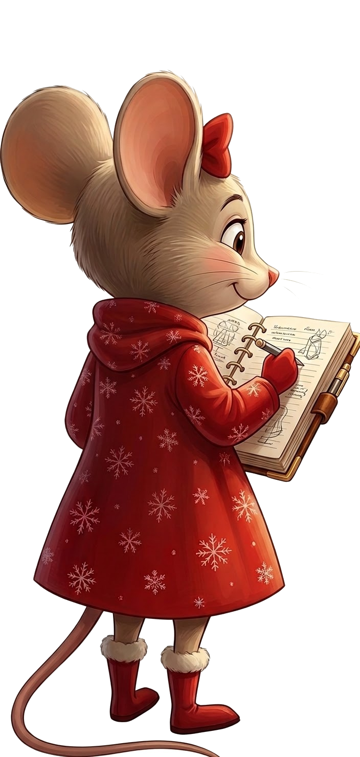A cartoon mouse wearing a red dress with snowflakes, red boots with fur trim, and a red bow, is writing in a notebook.