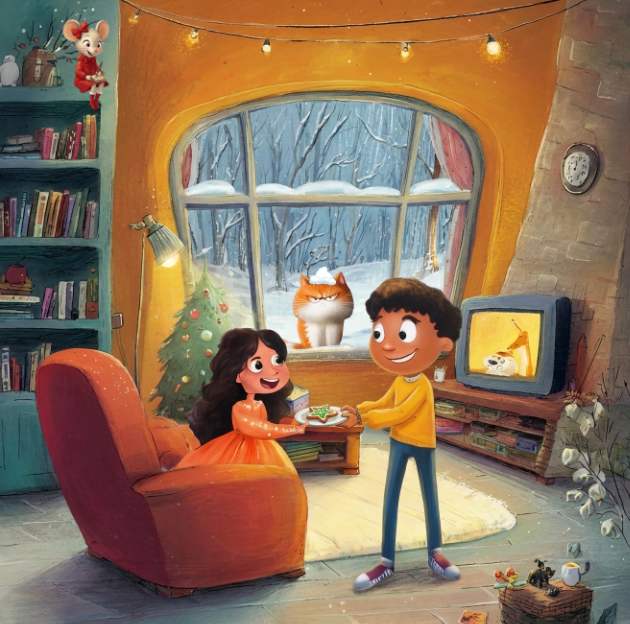 A cozy living room decorated for Christmas with a small girl in a red dress and a boy in a yellow sweater exchanging presents. A cat sits on the windowsill outside in the snow, and Christmas lights are hanging from the ceiling. There is a Christmas tree, a bookshelf, a television, and a clock on the wall.