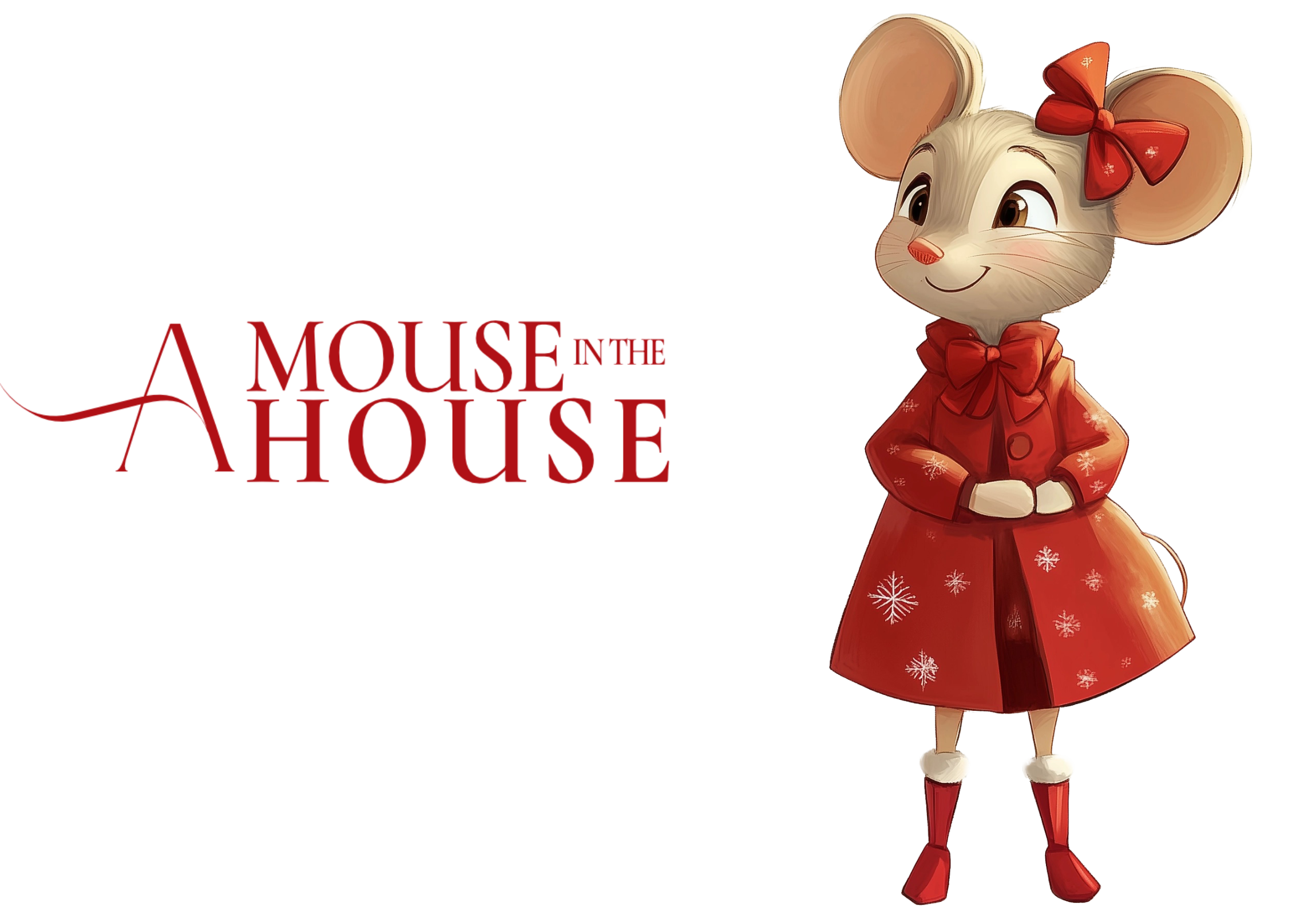An animated mouse girl wearing a red dress with white snowflakes, red boots, and a red bow in her hair.