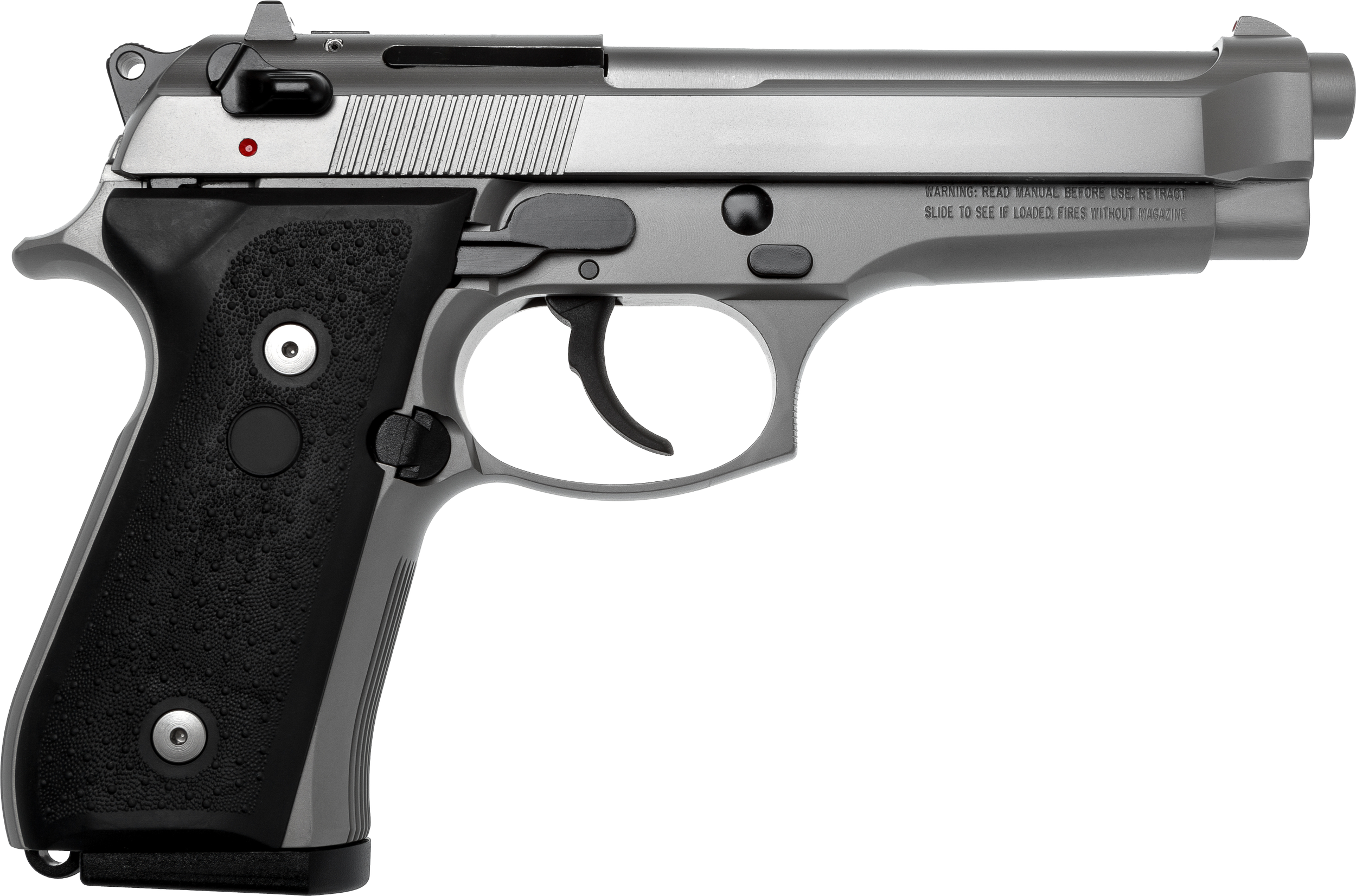 A semi-automatic handgun with a two-tone finish, featuring a silver slide and a black grip. The gun is positioned horizontally.