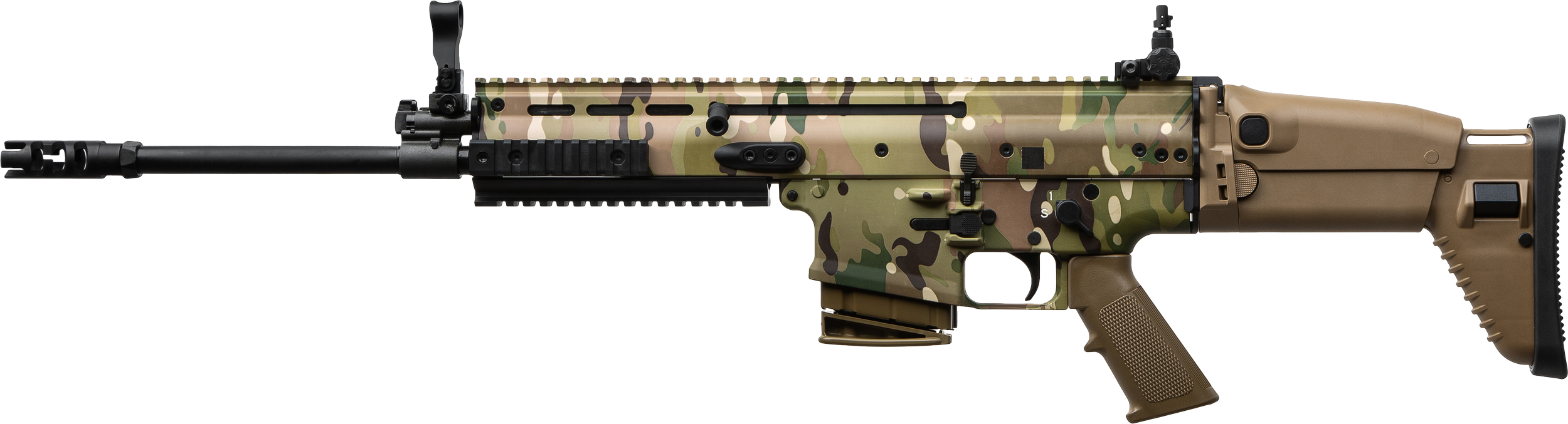 A military-style semi-automatic rifle with a camouflage pattern and tan stock and grip.