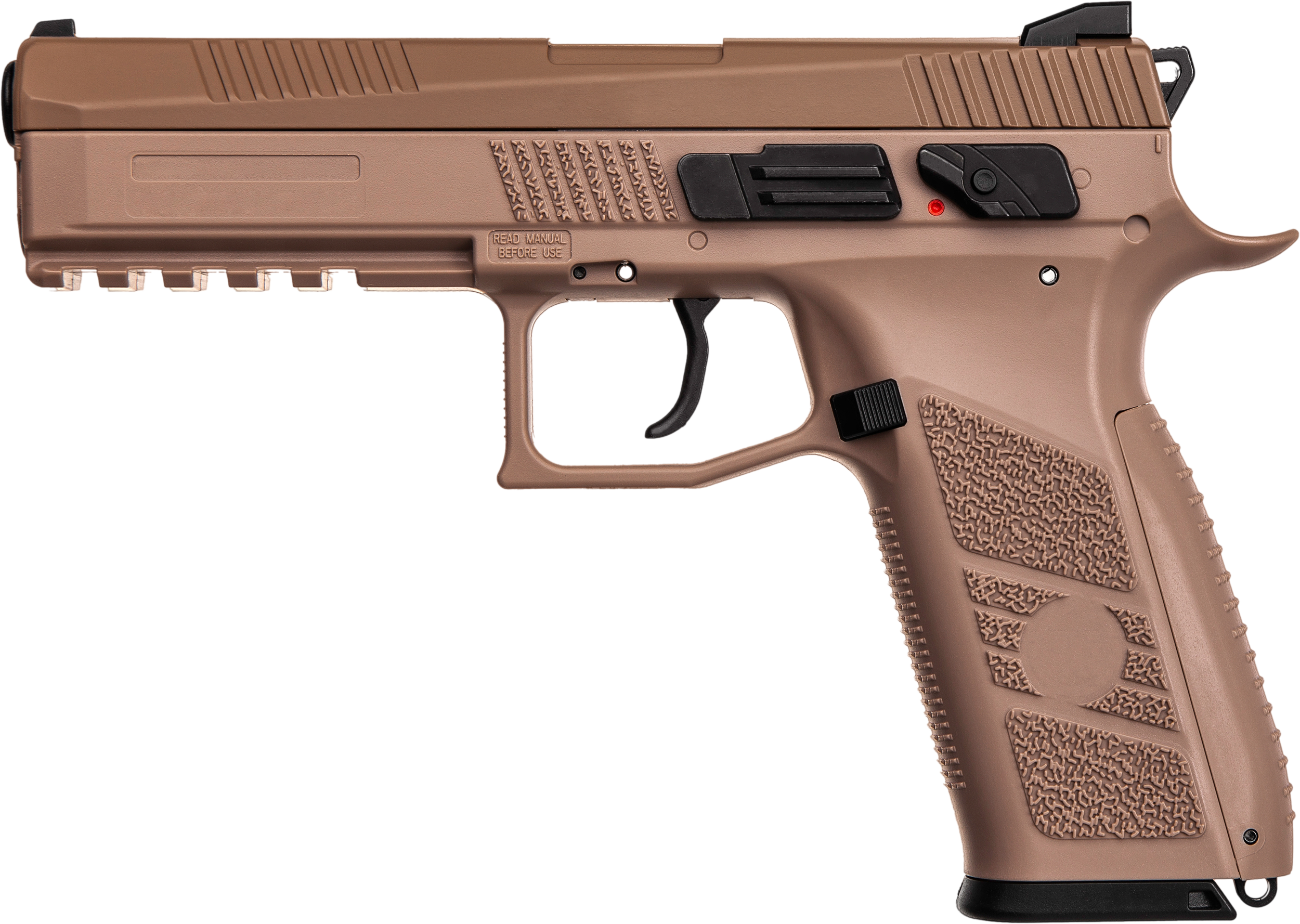 A tan-colored semi-automatic pistol with textured grip, black trigger, slide, and safety lever, viewed from the side.