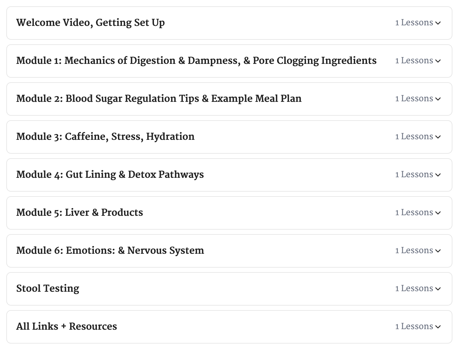 Root Cause Acne Course, online course syllabus with modules covering digestion, blood sugar, caffeine, gut health, liver, emotions, stool testing, and resources.