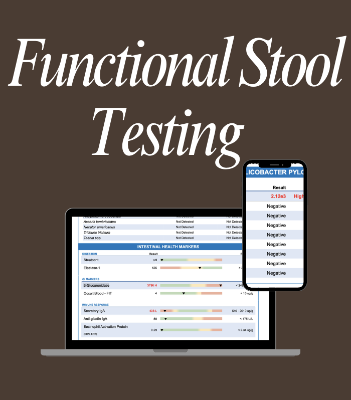 A brown background with the words 'Functional Stool Testing' in large white font. Below, a laptop and a smartphone display medical test results and health markers for gut and immune health.
