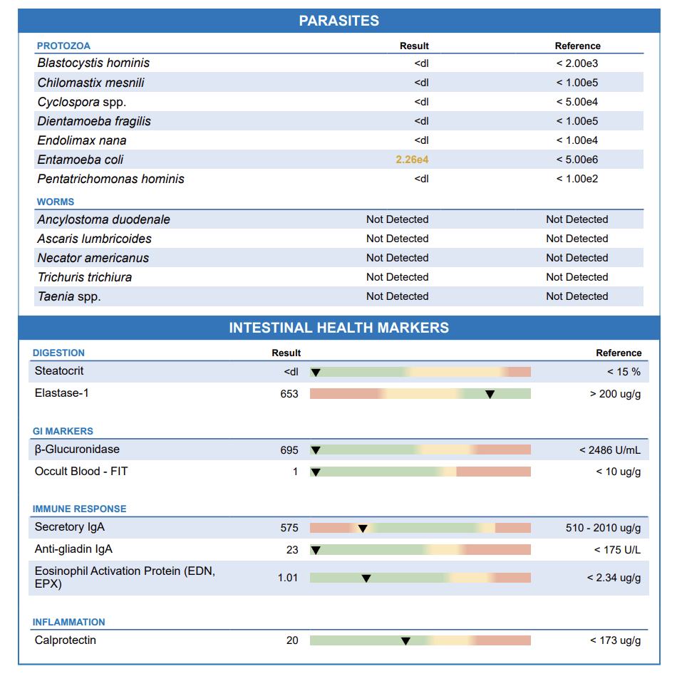 Laboratory test results table showing detection of various parasites, intestinal health markers, immune response indicators, and inflammation levels, with some results within normal ranges and others elevated.