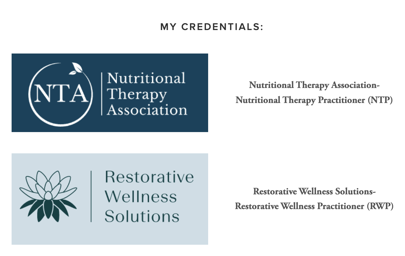 Image showing two credentials: Nutritional Therapy Association logo with text and Restorative Wellness Solutions logo with text.