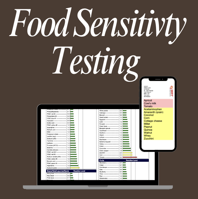 An illustration of a food sensitivity testing kit, featuring a laptop and a smartphone screen displaying test results and a list of foods, highlighting common allergy-inducing foods.