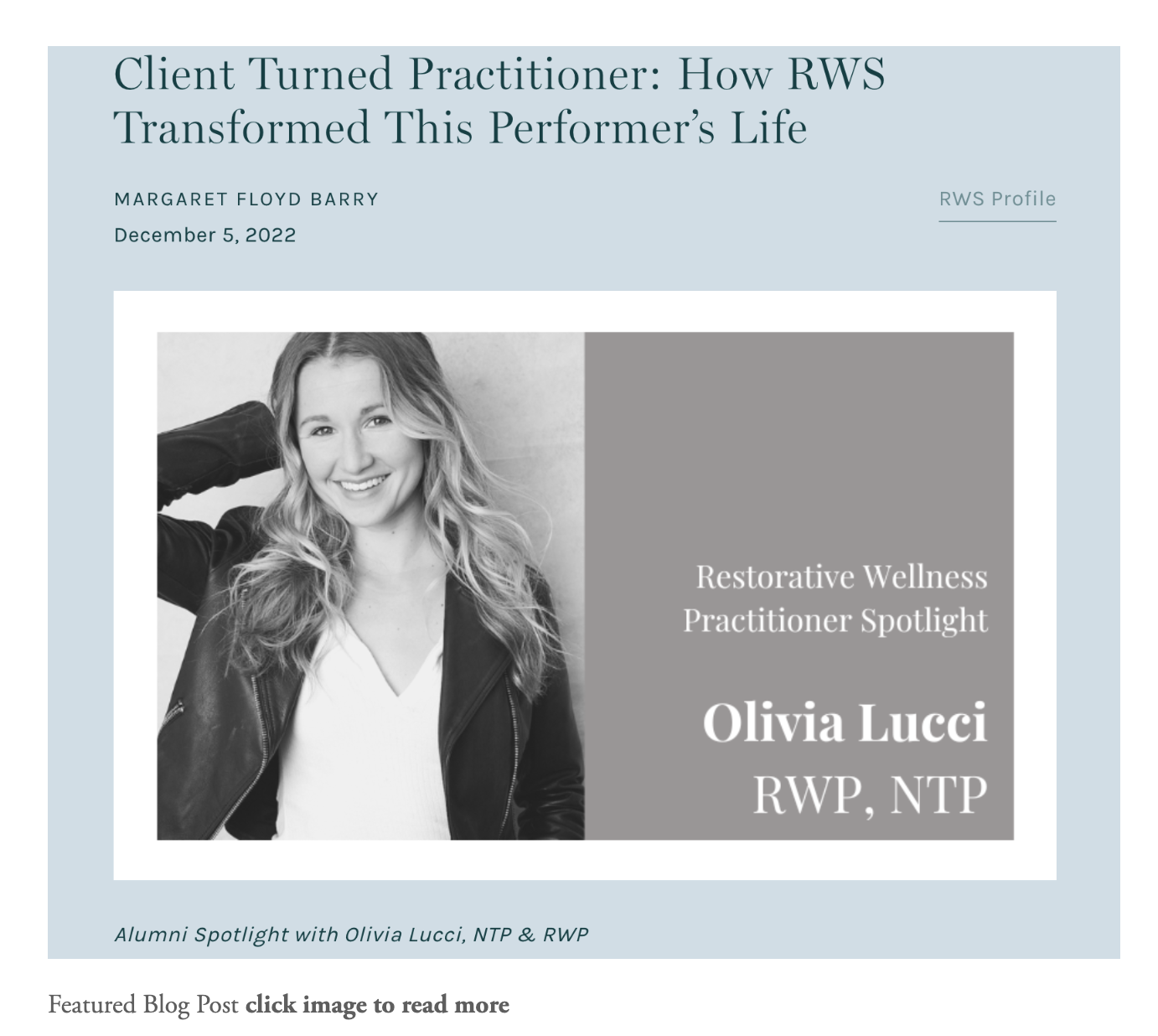 Black and white photo of Olivia Lucci smiling, wearing a jacket over a white top, with wavy hair and one hand behind her head, featured in an article about Restorative Wellness Practitioner spotlight.
