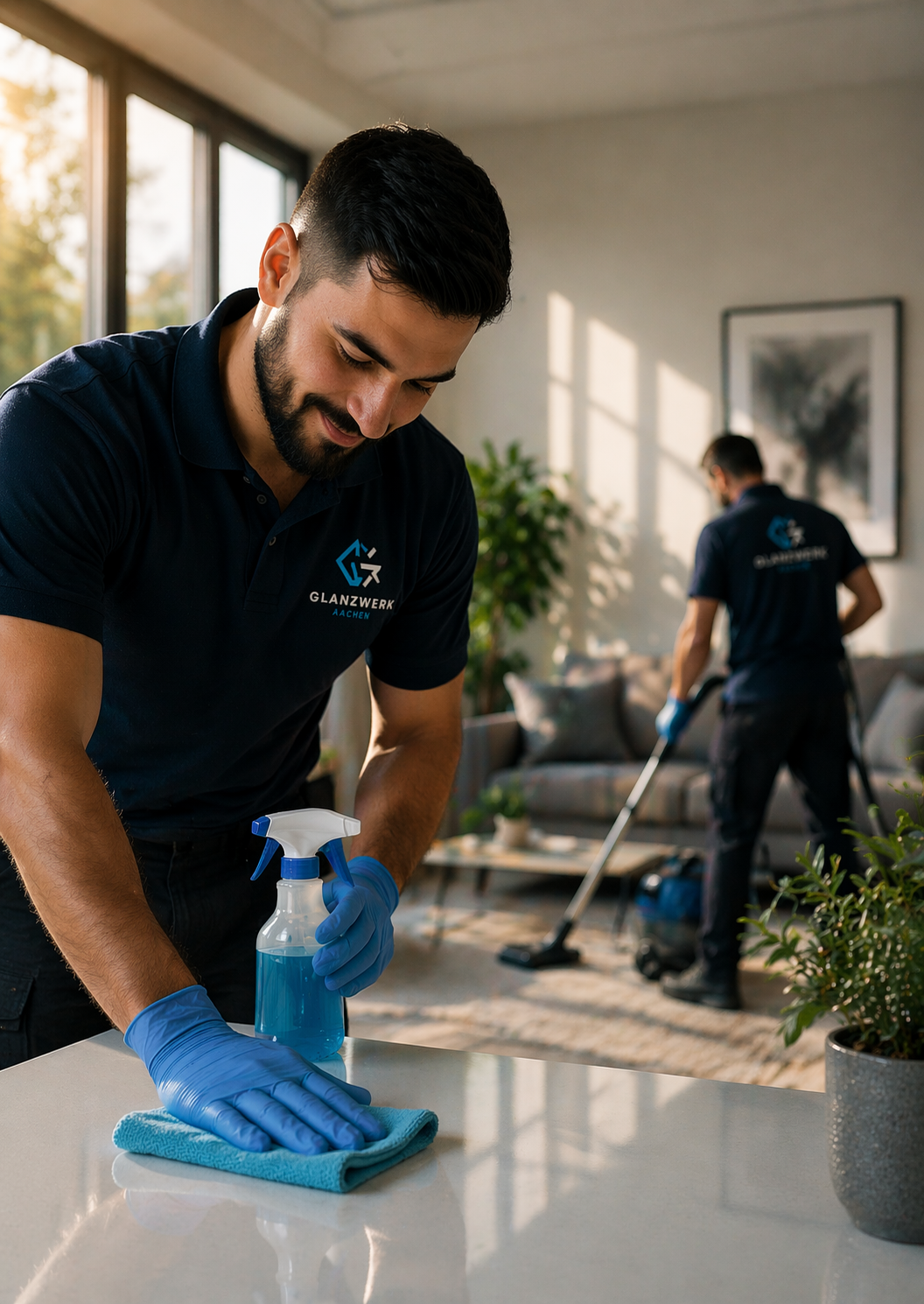 Zwei Reinigungskräfte in blauer Firmenuniform reinigen einen Tisch in einem modernen Wohnzimmer mit großen Fenstern und Pflanzen im Hintergrund. One of them spült mit einem Spray und einem Tuch, während der andere im Hintergrund mit einem Staubsauger kehrt.