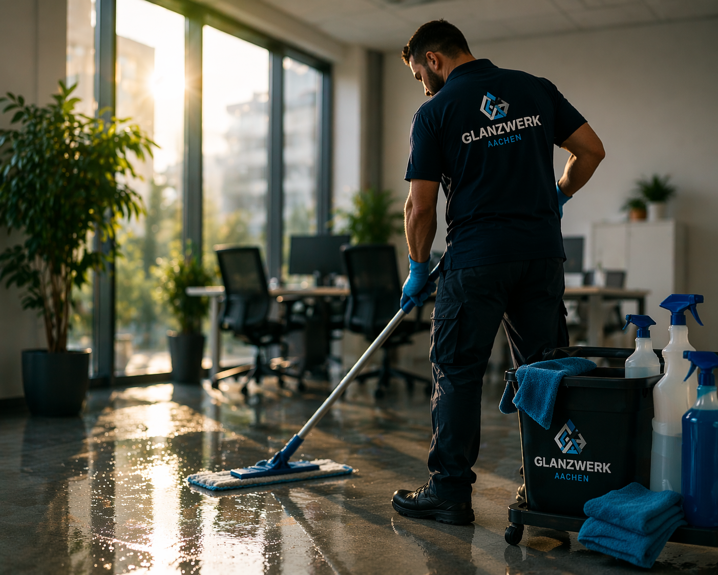 Ein Mann im Büro mit Glanzwerk-Affen auf der Kleidung putzt den Boden mit einem Mopp, während Reinigungsmittel und Tücher neben ihm stehen.