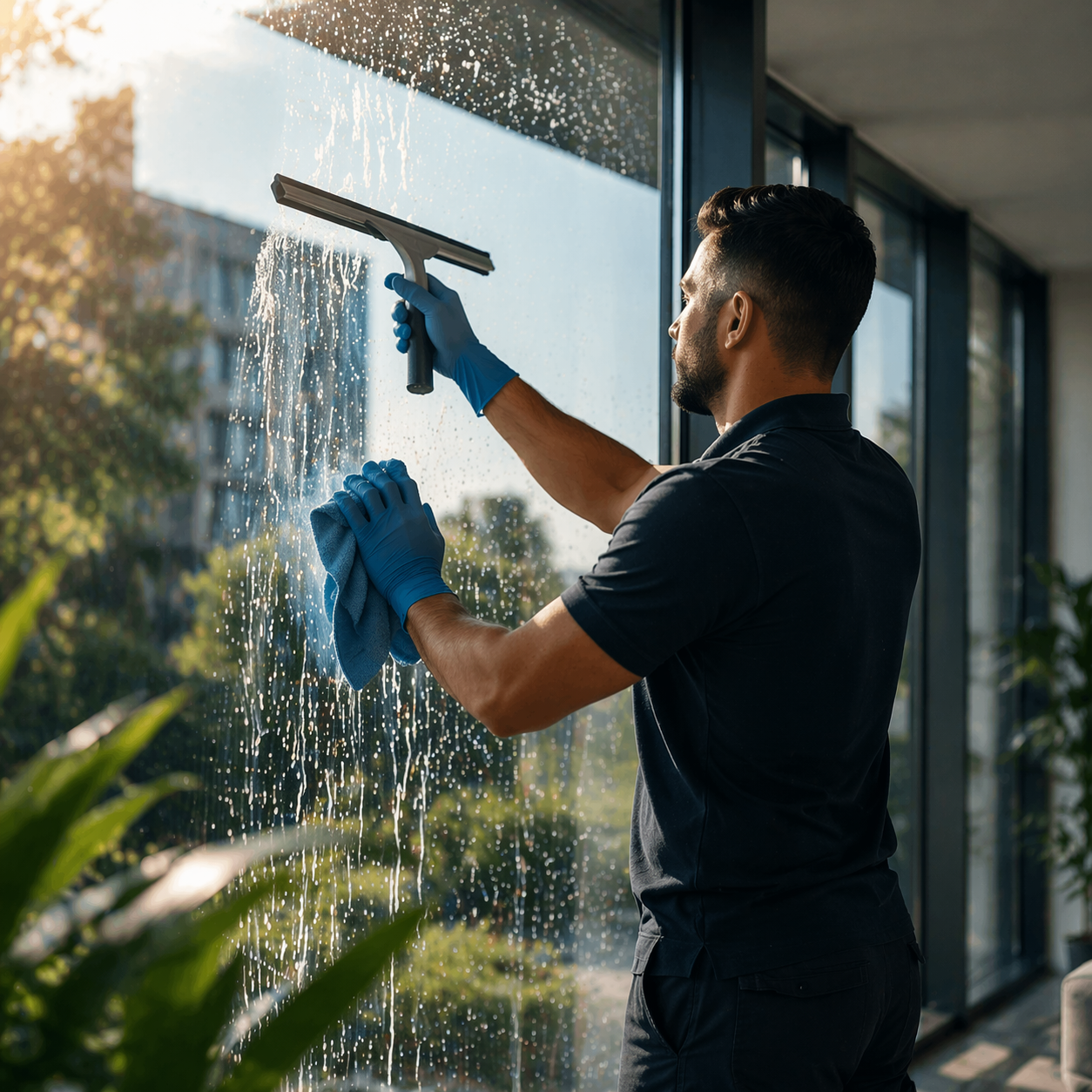Mann reinigt große Glasfenster mit einem Scheibenwischer und einem Tuch, um die Fenster zu reinigen.