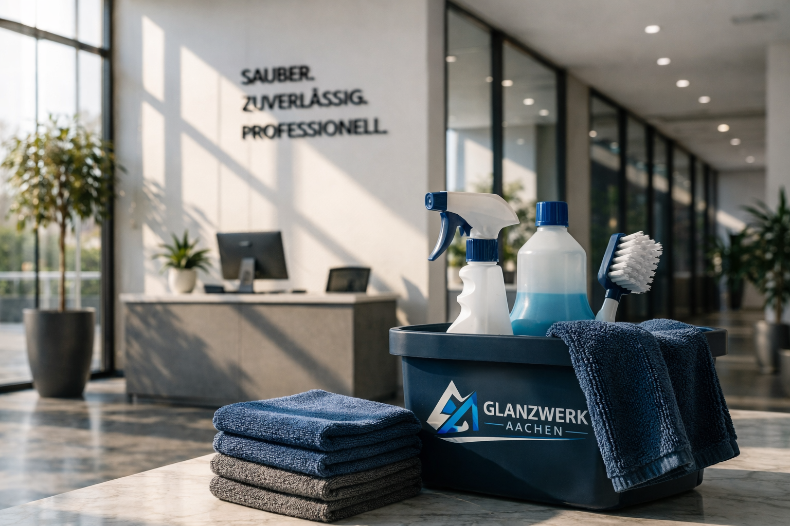 Reinigungskiste mit Reinigungsmitteln, Tüchern und Bürsten im Eingangsbereich eines Gebäudes, im Hintergrund eine Rezeption und Pflanzen, die an einem sonnigen Tag beleuchtete moderne Lobby.
